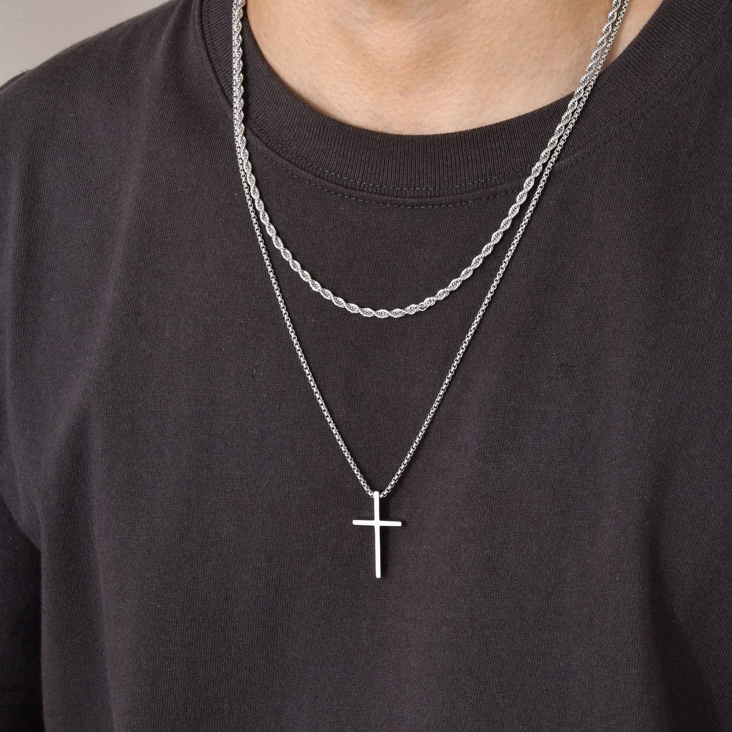 Vnox Men's Stainless Layered Steel Cross Necklace