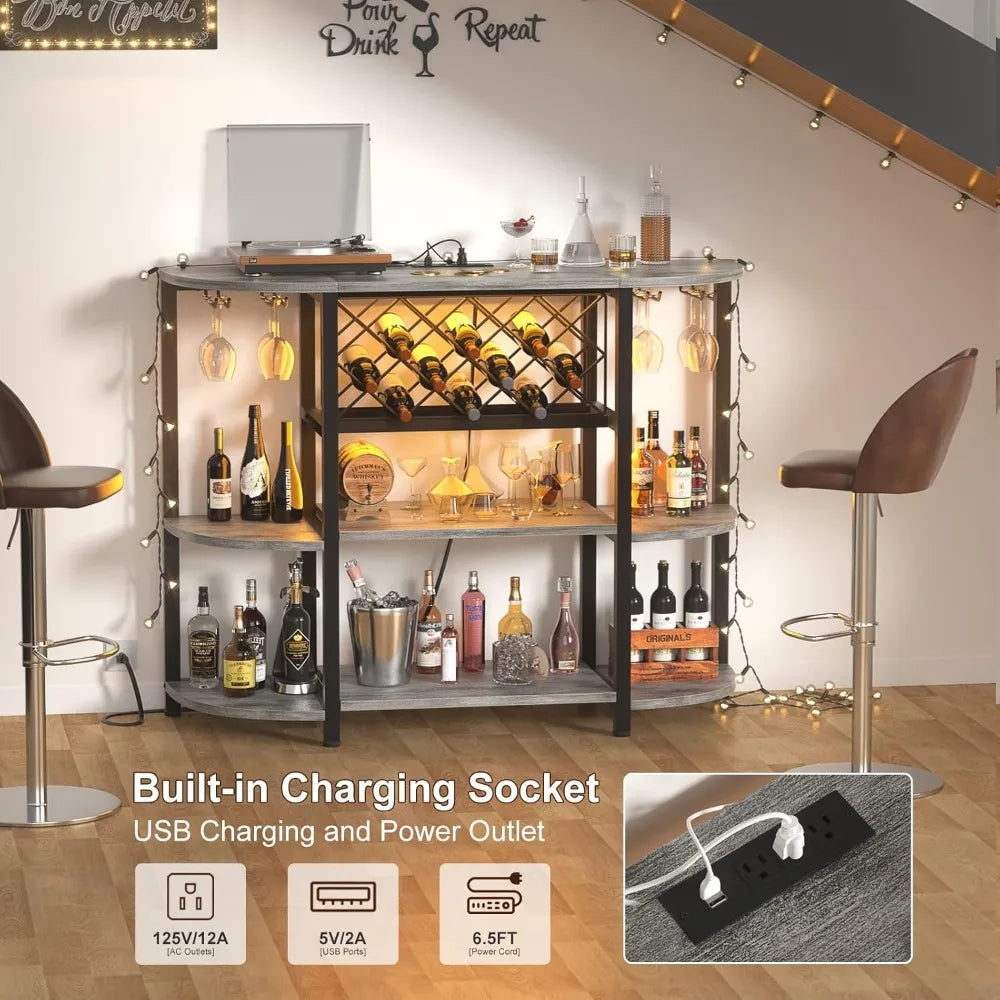 Free Standing 4-Tier Metal Cabinet with Outlet and LED Light for Liquor/ Glass Holder/ Wine Rack Storage