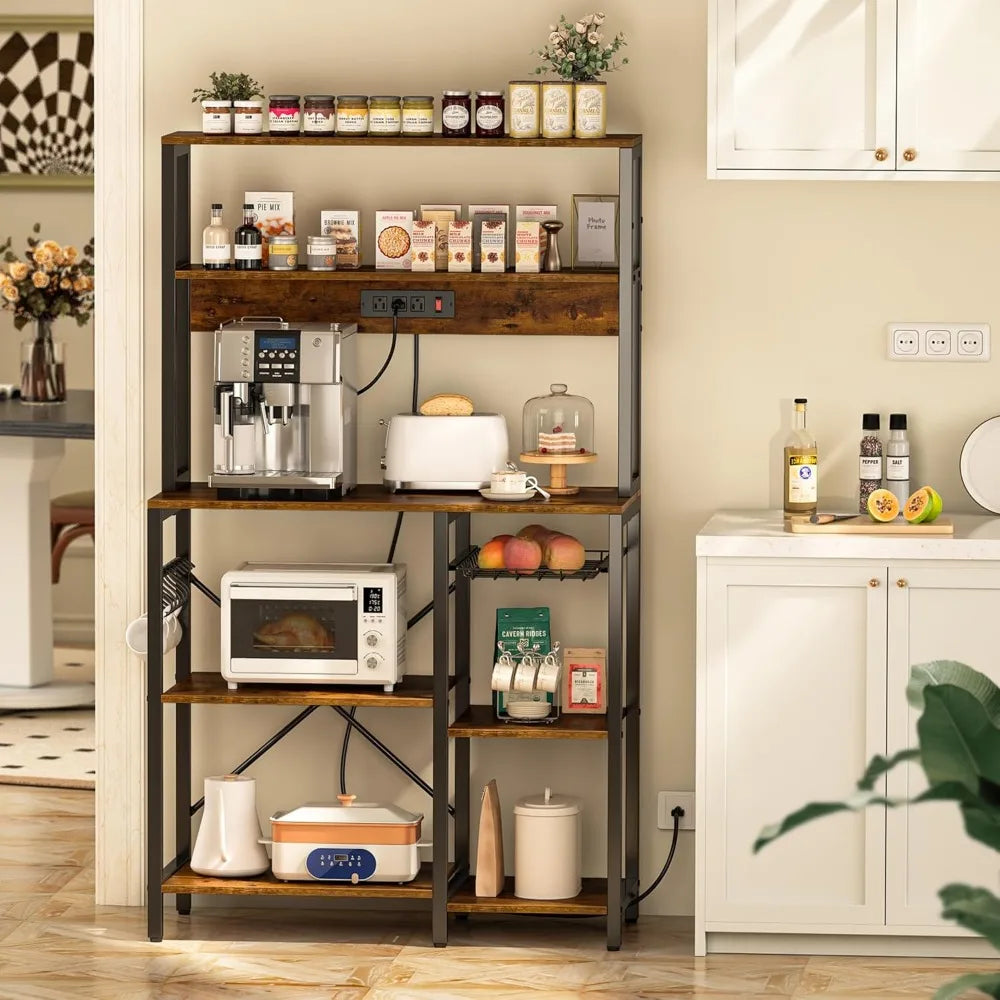 SUPERJARE Bakers Rack/Coffee Bar with Power Outlet, Wire Basket, & 6 S-Shaped Hooks