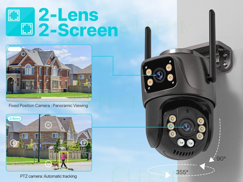 4K HD Wifi Outdoor Camera 4MP Dual Lens Dual Screen Auto Tracking Audio Video Surveillance