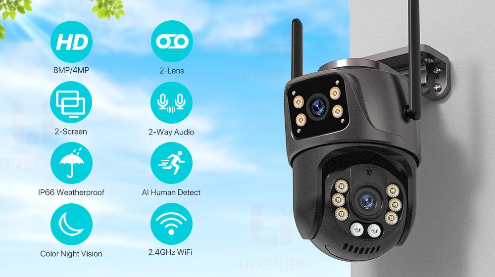 4K HD Wifi Outdoor Camera 4MP Dual Lens Dual Screen Auto Tracking Audio Video Surveillance