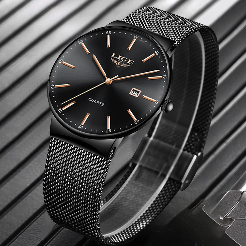 LIGE Men's Ultra Thin Waterproof Fashion Quartz Watch with Date