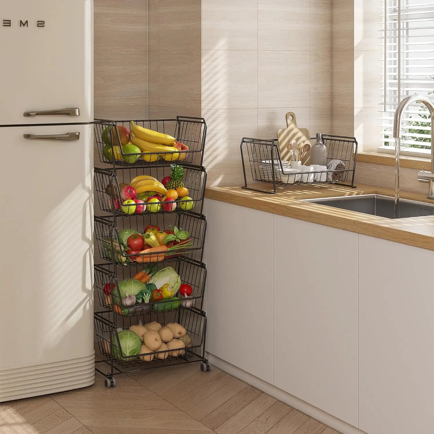 Stackable Dual Use Metal Storage Shelves with Wheels for Kitchen, Livingroom, or Office