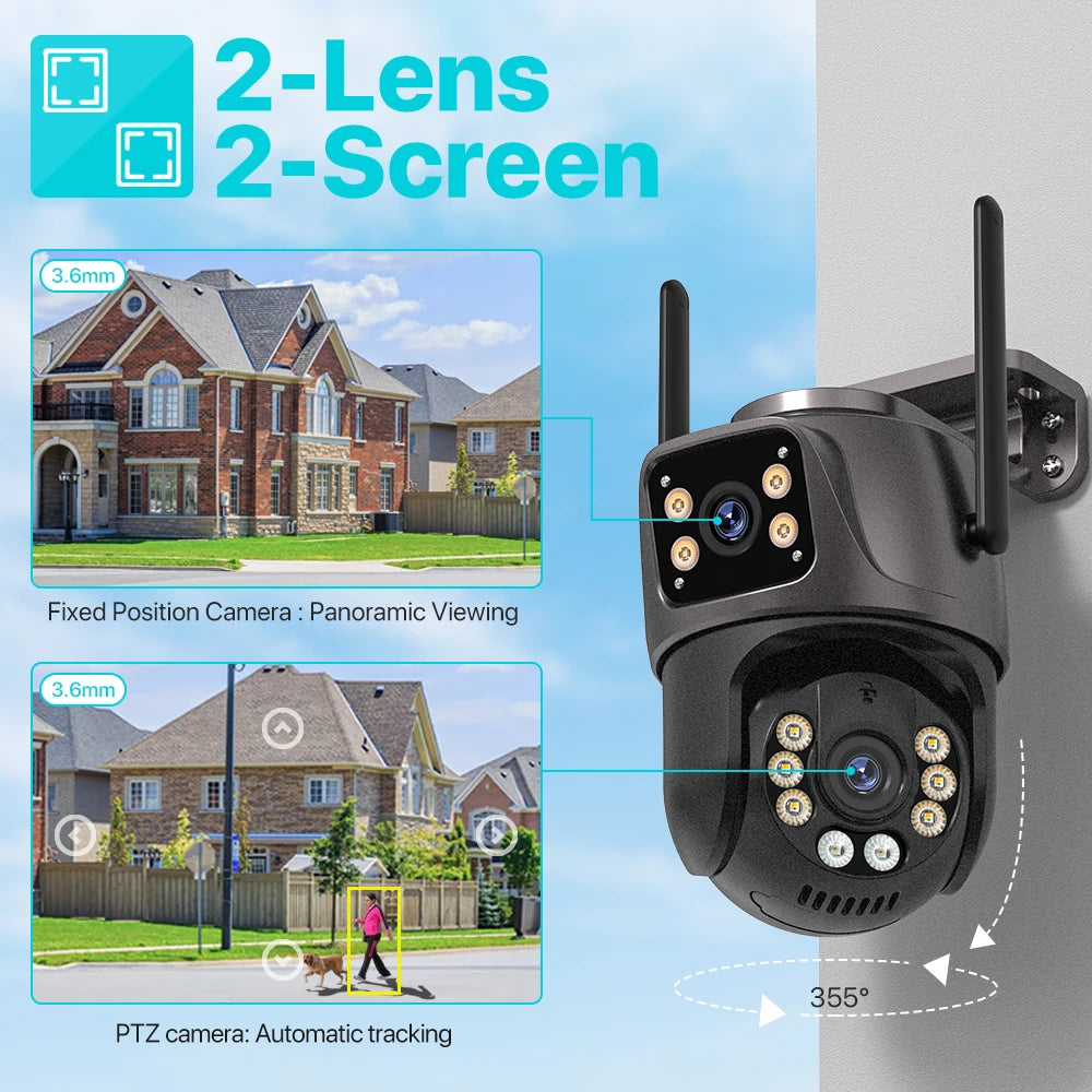 4K HD Wifi Outdoor Camera 4MP Dual Lens Dual Screen Auto Tracking Audio Video Surveillance