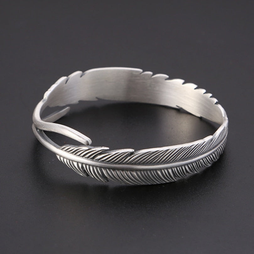 Solid 999 Sterling Silver Vintage Double Feather Bracelet Man woman 
Silver Classical Feather Open Bangle Jewelry - littleblackbears