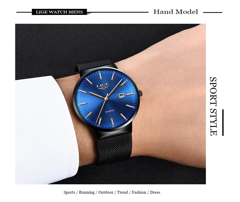 LIGE Men's Ultra Thin Waterproof Fashion Quartz Watch with Date