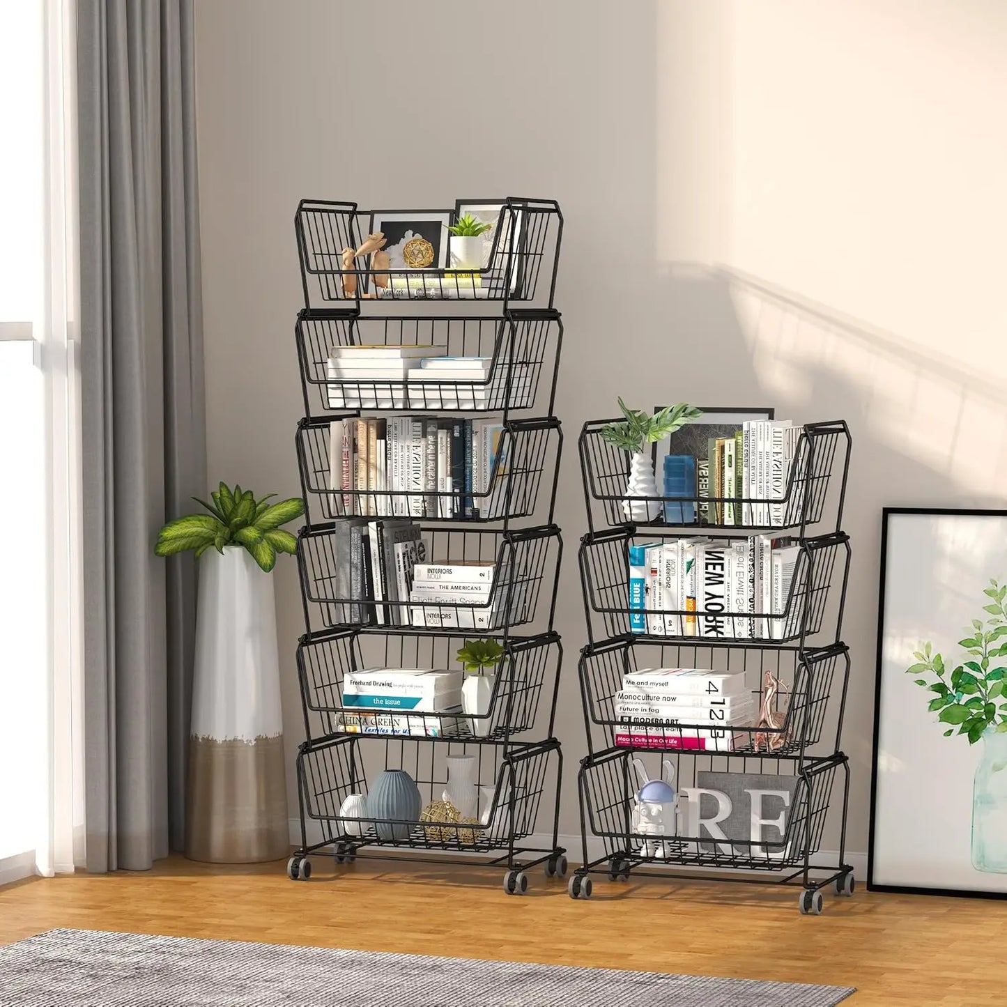 Stackable Dual Use Metal Storage Shelves with Wheels for Kitchen, Livingroom, or Office