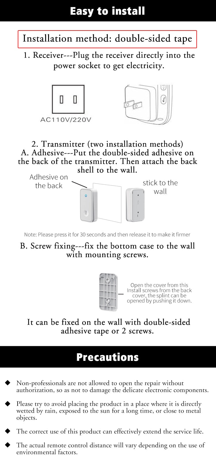 Wireless Doorbell/ No Battery required/Waterproof