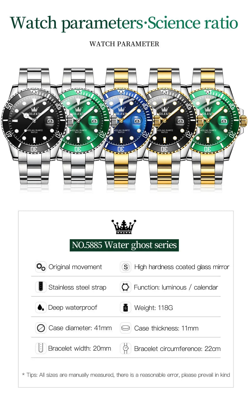 OLEVS Waterproof Quartz Luminous Calendar Watch for Men