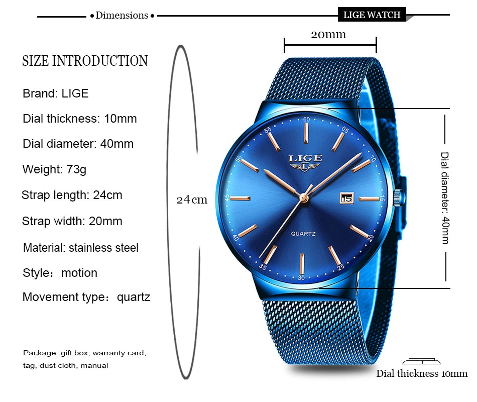 LIGE Men's Ultra Thin Waterproof Fashion Quartz Watch with Date