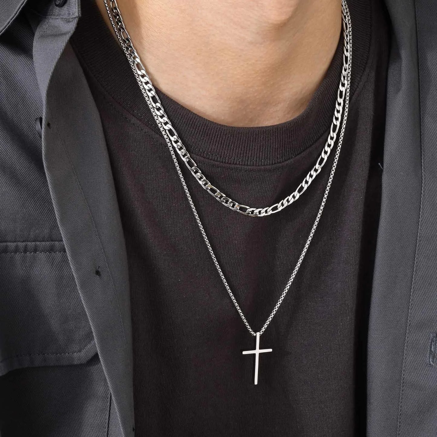 Vnox Men's Stainless Layered Steel Cross Necklace