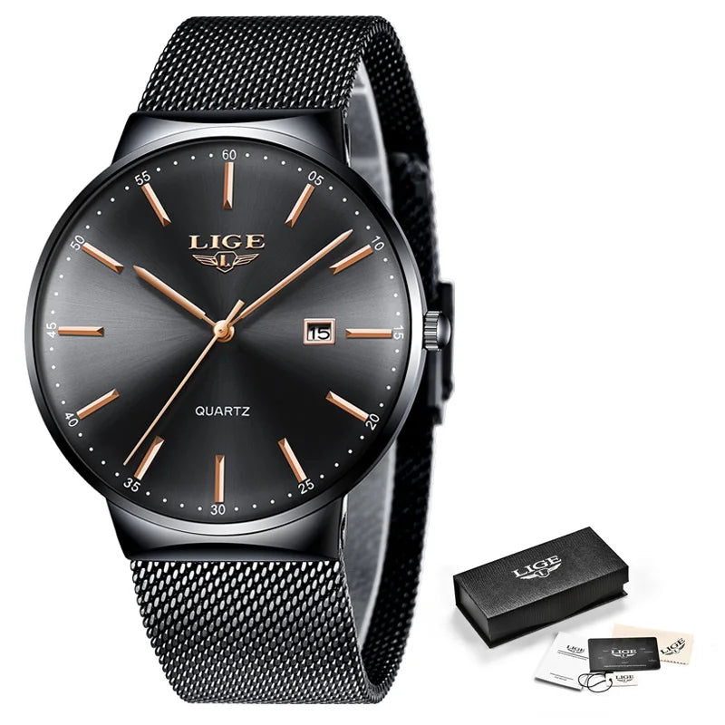 LIGE Men's Ultra Thin Waterproof Fashion Quartz Watch with Date