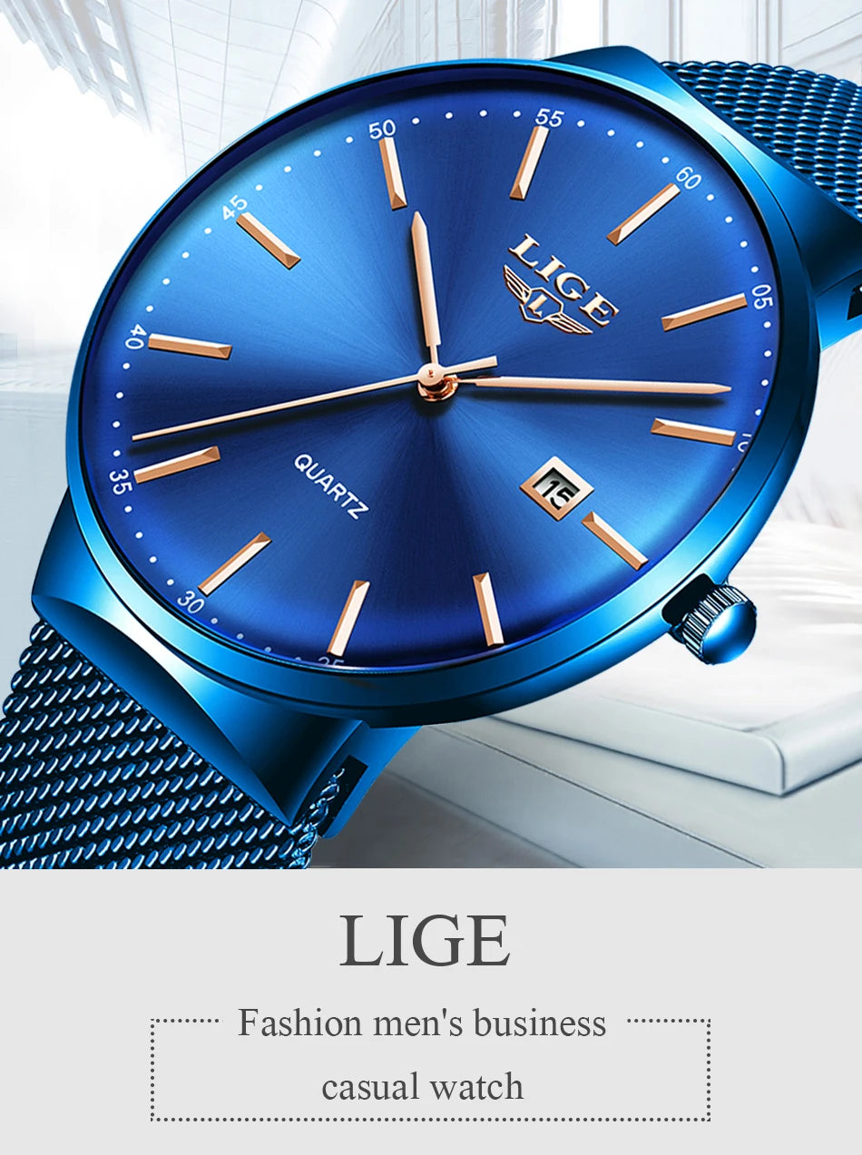 LIGE Men's Ultra Thin Waterproof Fashion Quartz Watch with Date