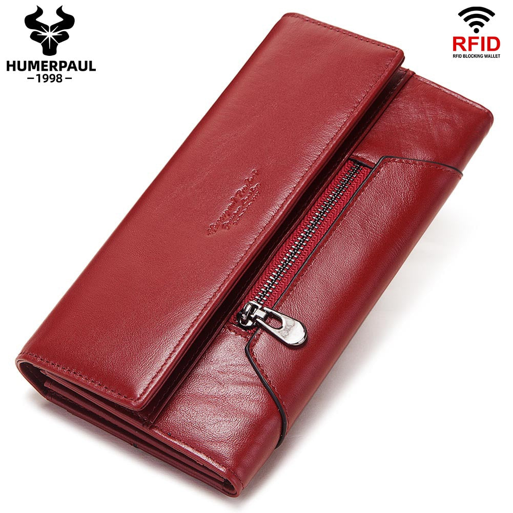 HUMERPAUL Fashion Women Genuine Leather Wallet RFID Blocking Tri-fold Credit Card Holder Luxury Long Female Phone Clutches - littleblackbears